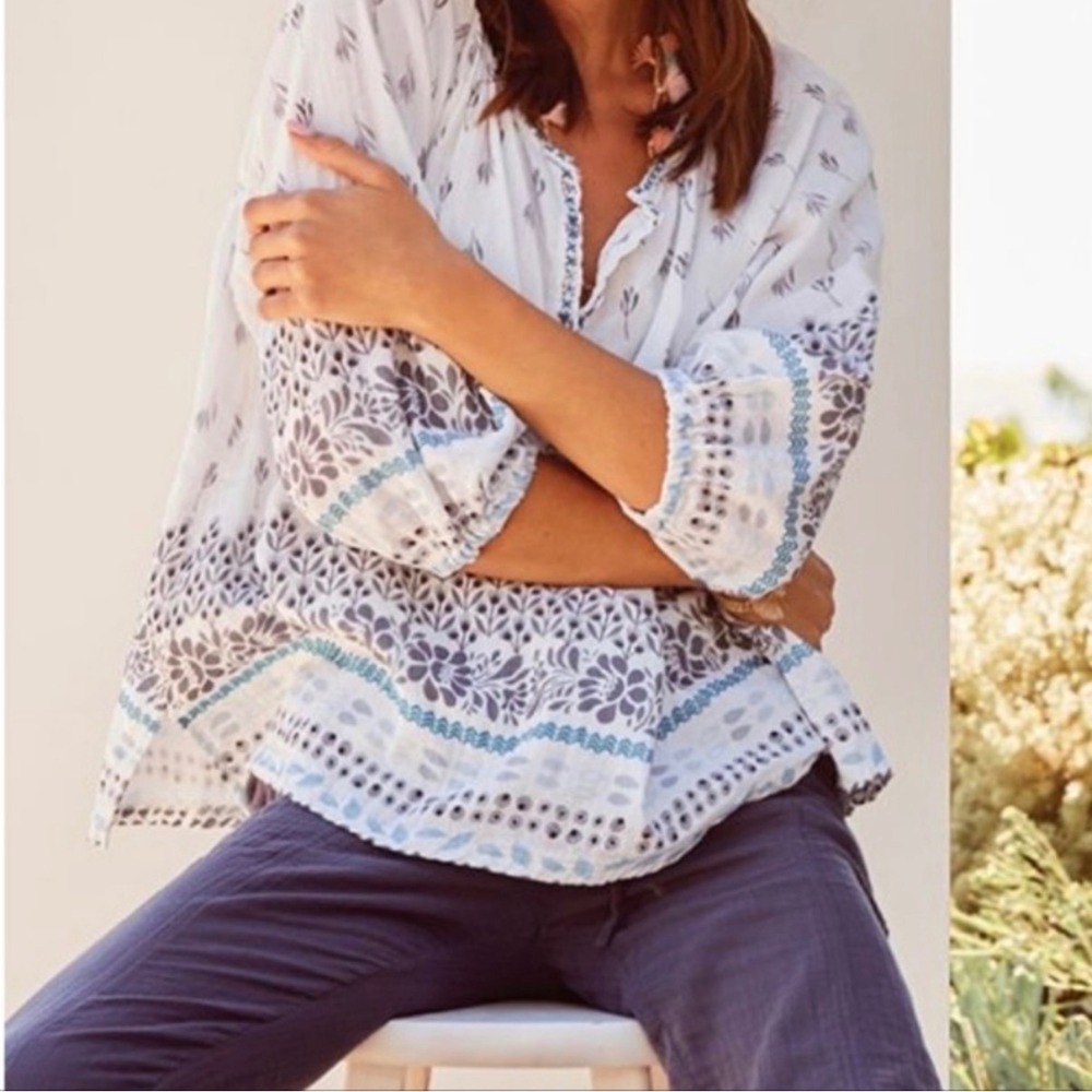 Johnny Was Camber Peasant Blouse White Floral Cotton Gauze Top - XSmall